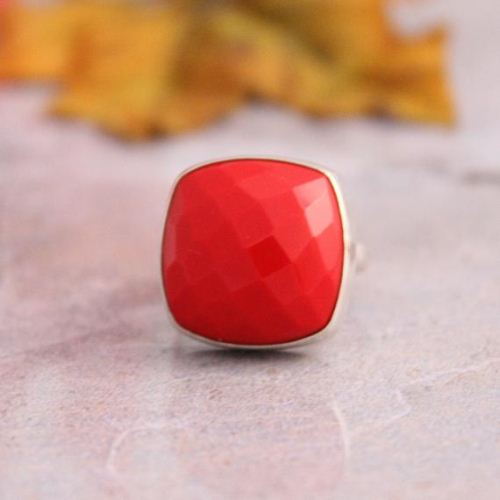 Red coral ring, Square shape rings, Handmade coral silver ring