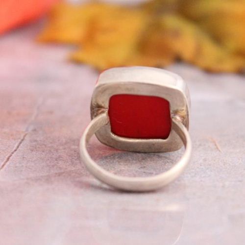 Red coral ring, Square shape rings, Handmade coral silver ring