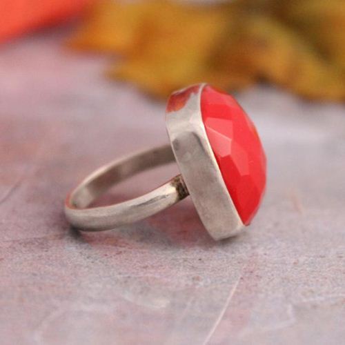Red coral ring, Square shape rings, Handmade coral silver ring