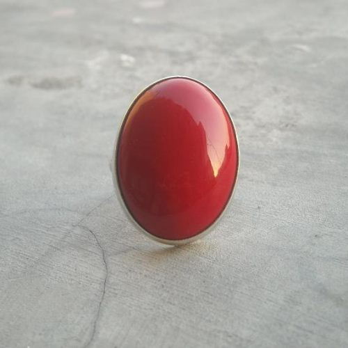 Red coral ring, Oval cabochon sterling silver gemstone ring