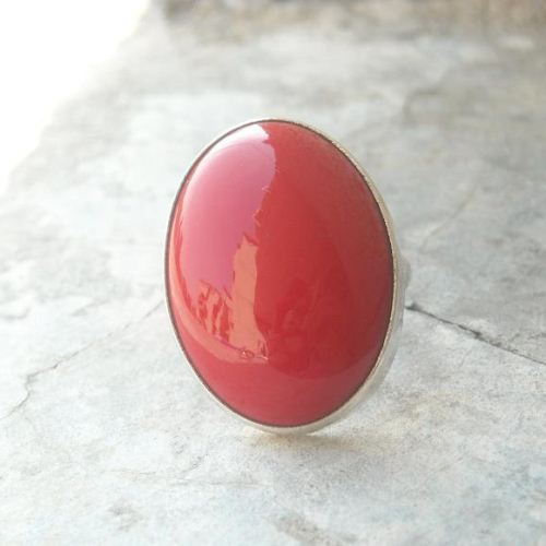 Red coral ring, Oval cabochon sterling silver gemstone ring