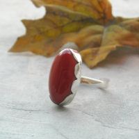 Red coral silver ring, Artisan rings, Oval red coral ring