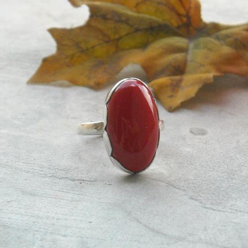 Red coral silver ring, Artisan rings, Oval red coral ring