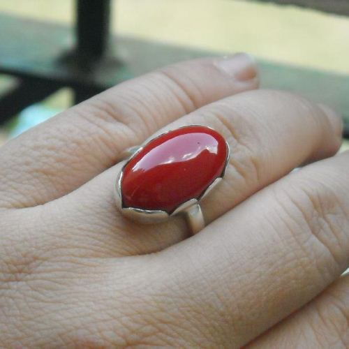 Red coral silver ring, Artisan rings, Oval red coral ring