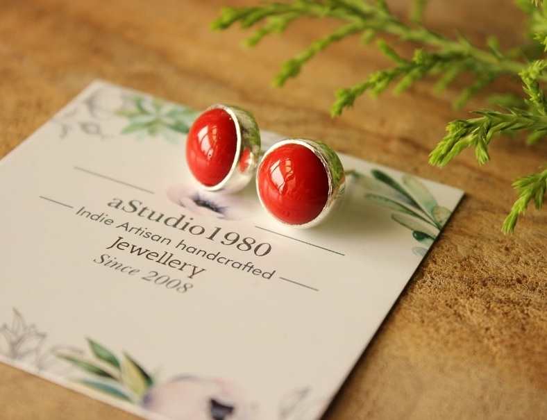 Red coral studs Coral sterling