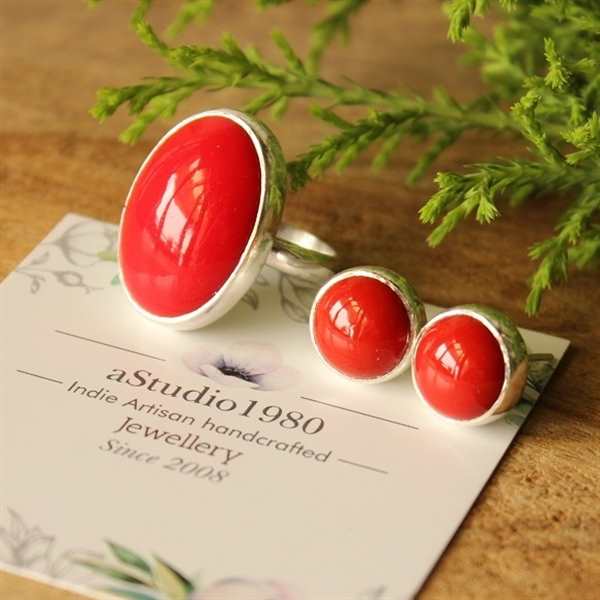 Red coral studs, Coral sterling silver stud earrings