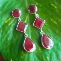Red ruby dangle earrings, Natural ruby sterling silver earrings