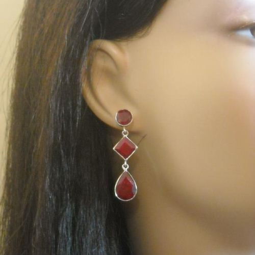 Red ruby dangle earrings, Natural ruby sterling silver earrings