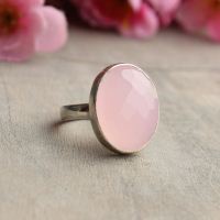 Rose quartz ring, Sterling silver ring, Oval pink ring