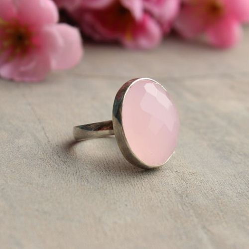 Rose Quartz Ring, Sterling Silver Ring, Oval Pink Ring