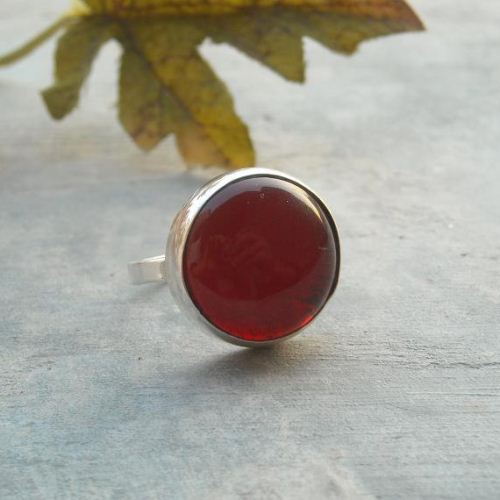 Round cab ring, Red carnelian artisan silver cabochon ring