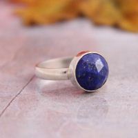 Round faceted lapis lazuli ring, Blue gemstone silver ring
