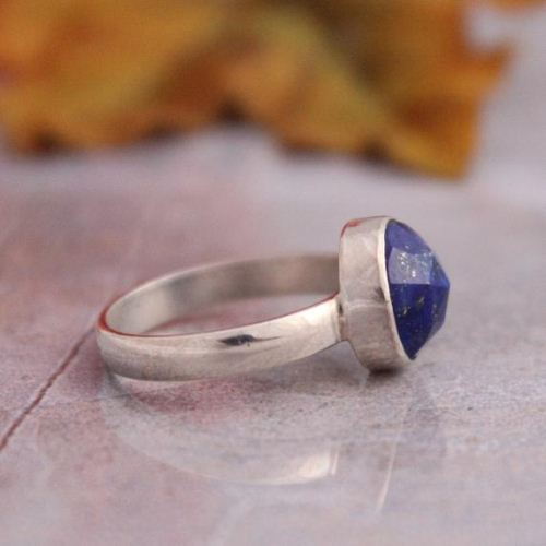 Round faceted lapis lazuli ring, Blue gemstone silver ring