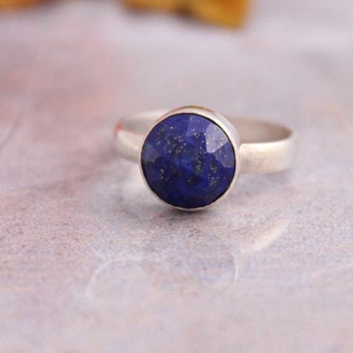 Round faceted lapis lazuli ring, Blue gemstone silver ring