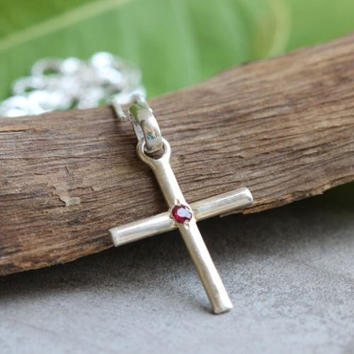 Ruby cross, July birthstone jewelry, Sterling silver gemstone cross