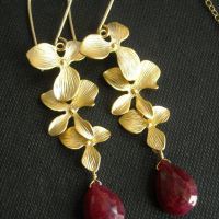 Ruby earrings, Gemstone Bridal Earrings, Golden Orchid Flower earrings