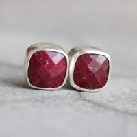 Ruby earrings, Ruby stud earrings, Cushion silver earrings