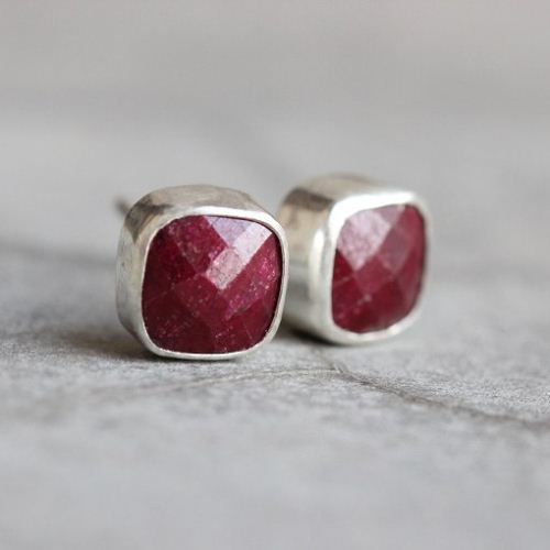 Ruby earrings, Ruby stud earrings, Cushion silver earrings