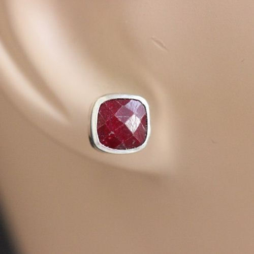 Ruby earrings, Ruby stud earrings, Cushion silver earrings