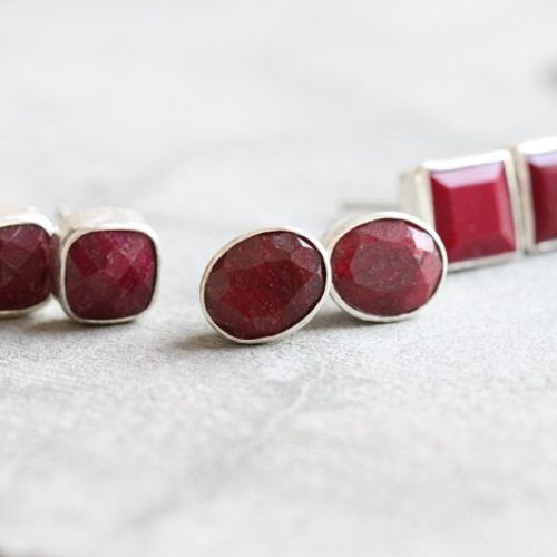 Ruby earrings, Ruby stud earrings, Cushion silver earrings
