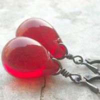 Ruby red earrings, Glass earrings, large drop sterling silver earrings
