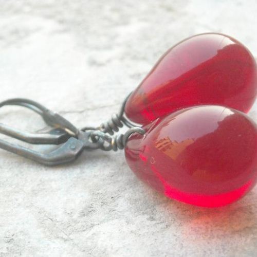Ruby red earrings, Glass earrings -  large drop sterling silver earrings