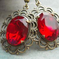  Ruby red vintage brass victorian filigree earrings