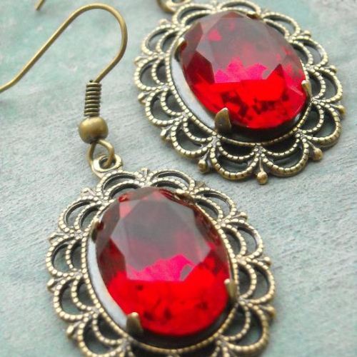 Twilight Ruby red vintage brass victorian filigree earrings