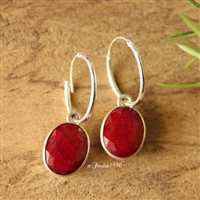 Ruby hoop earrings, Red ruby earrings, Oval silver HOOP