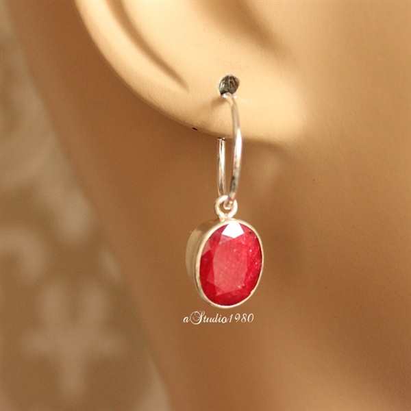 Ruby hoop earrings, Red ruby earrings, Oval silver HOOP
