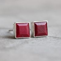 Ruby stud earrings, Ruby square silver red studs