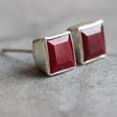 Ruby stud earrings, Ruby square silver red studs