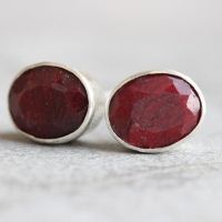 Ruby stud earrings, Red ruby earrings, Oval silver studs