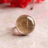Rutil Quartz ring, Round ring, Silver gray stone ring