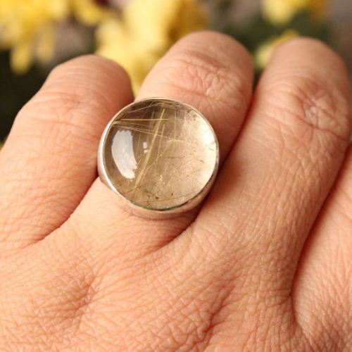 Rutil Quartz ring, Round ring, Silver gray stone ring