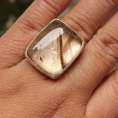 Rutil Quartz ring, Square ring, Silver gemstone ring