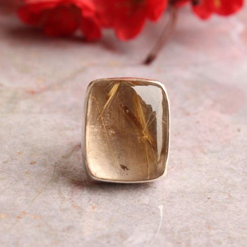 Rutil Quartz ring, Square ring, Silver gemstone ring