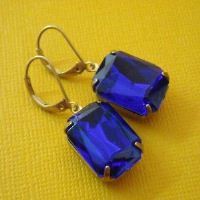 Sapphire Vintage blue facted glass Vintage golden Brass earrings
