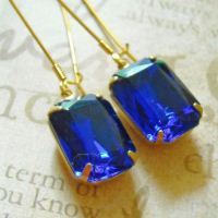 Sapphire Vintage blue facted glass Vintage golden Brass earrings