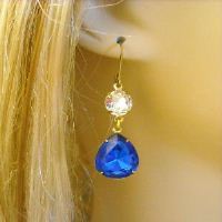 Sapphire blue Vintage crystal drop Brass earrings