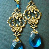 Sapphire blue color vintage golden brass earrings