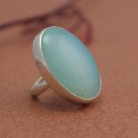 Sea foam Green Chalcedony ring, Large oval silver ring