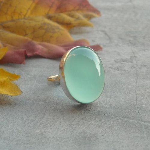 Sea foam green chalcedony ring, Artisan oval ring in sterling silver