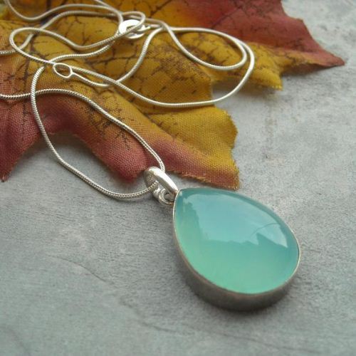 Sea green chalcedony gemstone pendant, Tear drop silver pendant chain