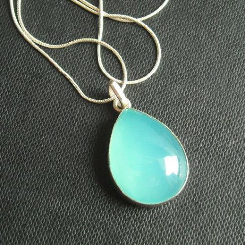 Sea green chalcedony gemstone pendant, Tear drop silver pendant chain