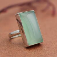 Seafoam green chalcedony ring, Rectangular green cabochon silver ring