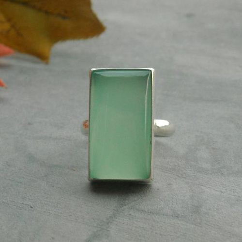 Seafoam green chalcedony ring, Rectangular green cabochon silver ring