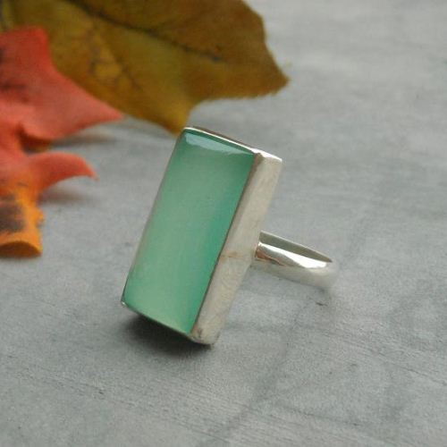 Seafoam green chalcedony ring, Rectangular green cabochon silver ring