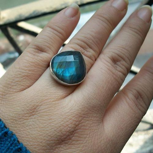 Silver Labradorite Rings, Faceted blue gemstone silver ring