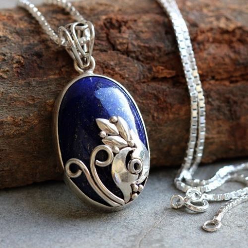 Silver artisan pendant necklace, Unique lapis lazuli pendant